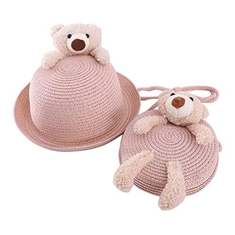 Cute Plush Bear Kids Straw Sun Hat N Sling Bag Combo for Girls 3-8 Years