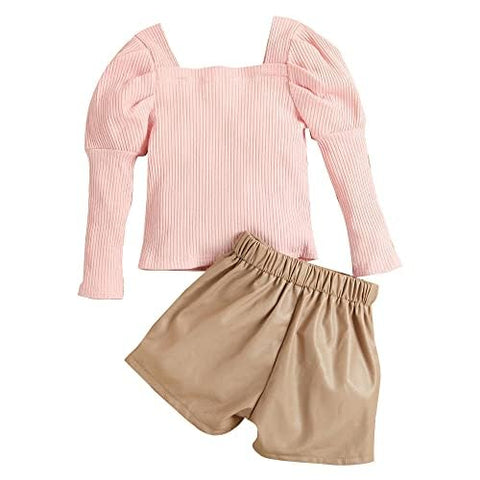 Baby Girls Full Sleeve Ribbed Top & PU Leather Shorts Party Dress Co-ords