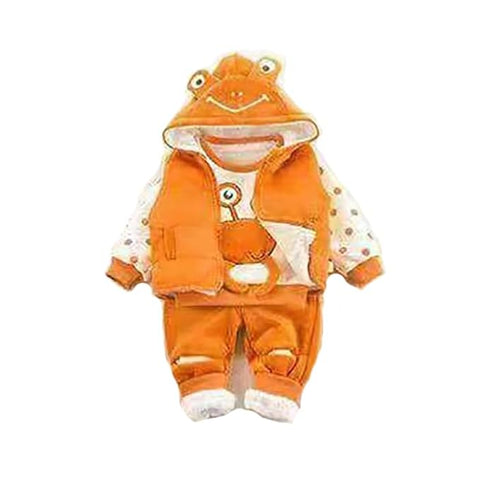 Cartoon Winter Warm Fleece T-shirt with Hooded Jacket & Joggers 3 Pc Winter Outfit for Kids