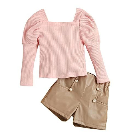 Baby Girls Full Sleeve Ribbed Top & PU Leather Shorts Party Dress Co-ords