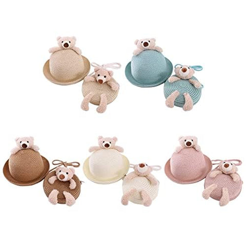 Cute Plush Bear Kids Straw Sun Hat N Sling Bag Combo for Girls 3-8 Years