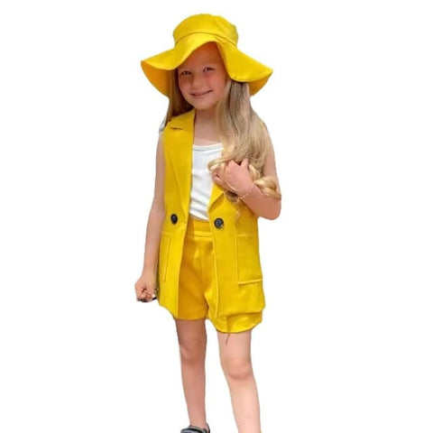 Girl’s Crop Spaghetti Top with Sleeveless Lapel Collar Coat, Hat & Shorts 4 Piece Co-ords Set