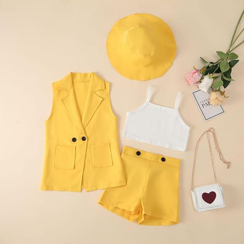 Girl’s Crop Spaghetti Top with Sleeveless Lapel Collar Coat, Hat & Shorts 4 Piece Co-ords Set