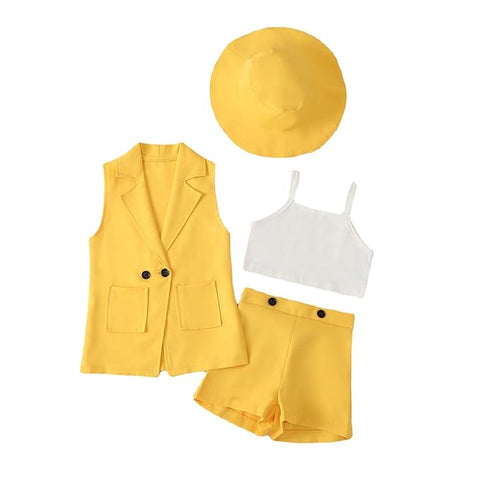 Girl’s Crop Spaghetti Top with Sleeveless Lapel Collar Coat, Hat & Shorts 4 Piece Co-ords Set