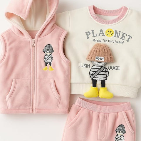 Kid's Warm Fleece Sweatshirt & Hooded Jacket with Jogger Pant 3 Pcs Luxury Winter Party Clothing Set