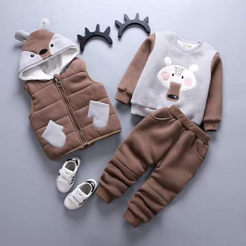Kid's Warm Fleece Sweatshirt & Hooded Jacket with Jogger Pant 3 Pcs Luxury Winter Party Clothing Set