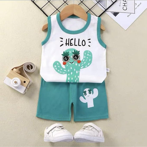 Cactus Print Kid's Sleeveless Cotton T-Shirt & Shorts Set