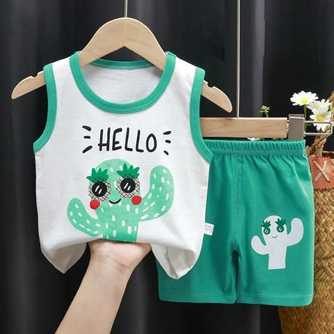 Cactus Print Kid's Sleeveless Cotton T-Shirt & Shorts Set