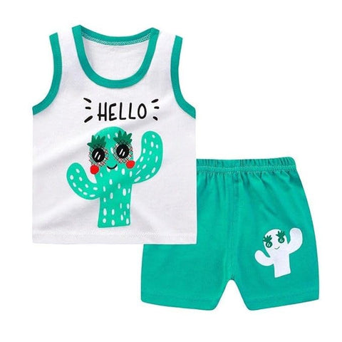 Cactus Print Kid's Sleeveless Cotton T-Shirt & Shorts Set