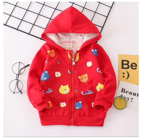 Kid's Winter Warm Fleece Colorful Bear Print Front Open Zipper Hoodie Sweatshirt