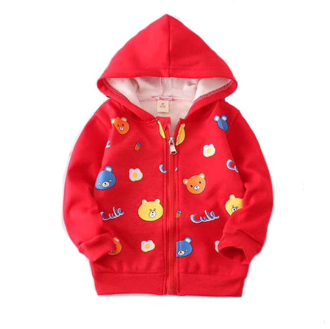 Kid's Winter Warm Fleece Colorful Bear Print Front Open Zipper Hoodie Sweatshirt