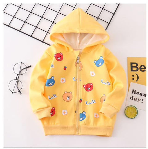 Kid's Winter Warm Fleece Colorful Bear Print Front Open Zipper Hoodie Sweatshirt