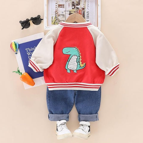 Kids Winter Full Sleeve Dinosaur T-shirt with Jacket & Jeans Pant 3 Piece Party Dress for Boys