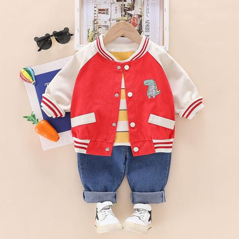 Kids Winter Full Sleeve Dinosaur T-shirt with Jacket & Jeans Pant 3 Piece Party Dress for Boys