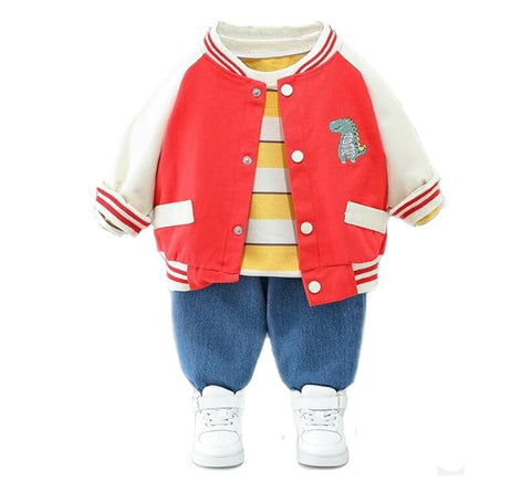 Kids Winter Full Sleeve Dinosaur T-shirt with Jacket & Jeans Pant 3 Piece Party Dress for Boys