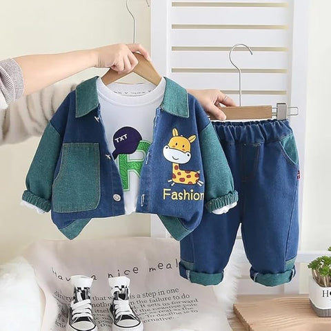 Giraffe Print Kid's Winter 3 Piece T-shirt With Denim Jacket & Jeans Pant Party Set