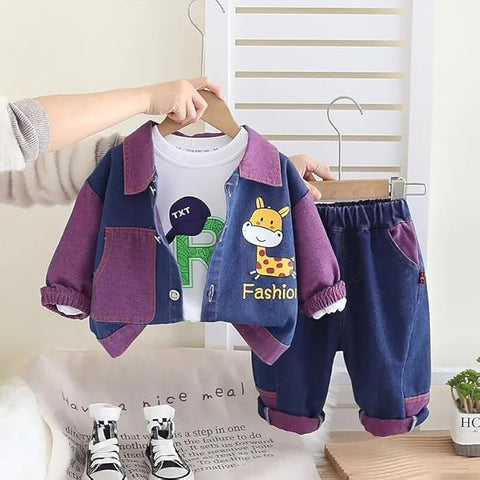 Giraffe Print Kid's Winter 3 Piece T-shirt With Denim Jacket & Jeans Pant Party Set