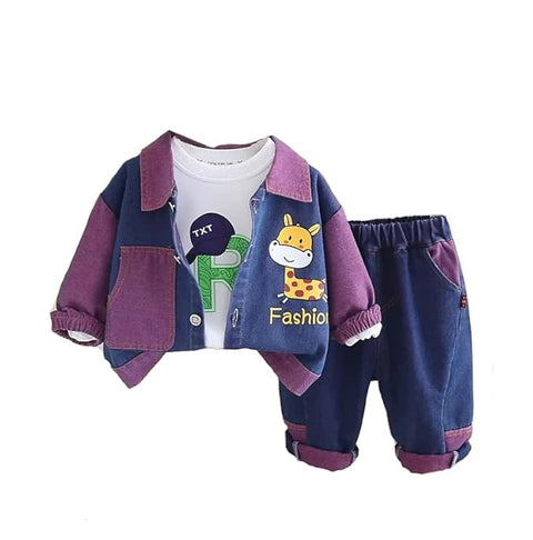 Giraffe Print Kid's Winter 3 Piece T-shirt With Denim Jacket & Jeans Pant Party Set
