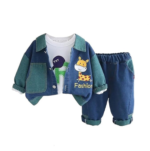 Giraffe Print Kid's Winter 3 Piece T-shirt With Denim Jacket & Jeans Pant Party Set