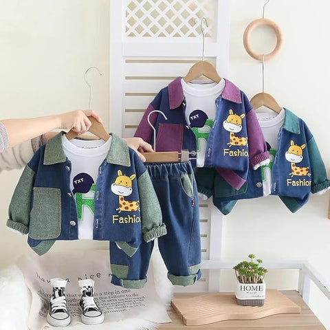 Giraffe Print Kid's Winter 3 Piece T-shirt With Denim Jacket & Jeans Pant Party Set