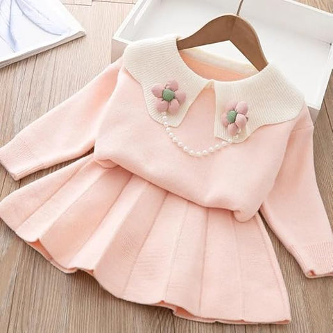 Warm Woolen Knitted Full Sleeve Cardigan Top with Detachable Brooch & Midi Skirt - Winter Party Dress for Girls