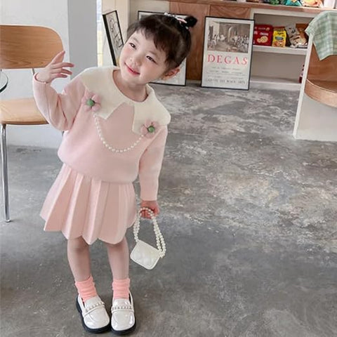 Warm Woolen Knitted Full Sleeve Cardigan Top with Detachable Brooch & Midi Skirt - Winter Party Dress for Girls