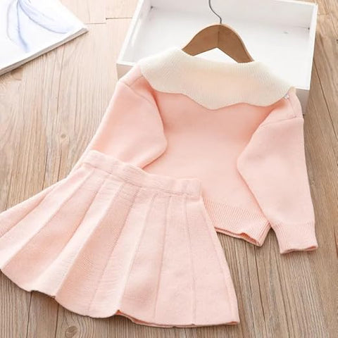 Warm Woolen Knitted Full Sleeve Cardigan Top with Detachable Brooch & Midi Skirt - Winter Party Dress for Girls