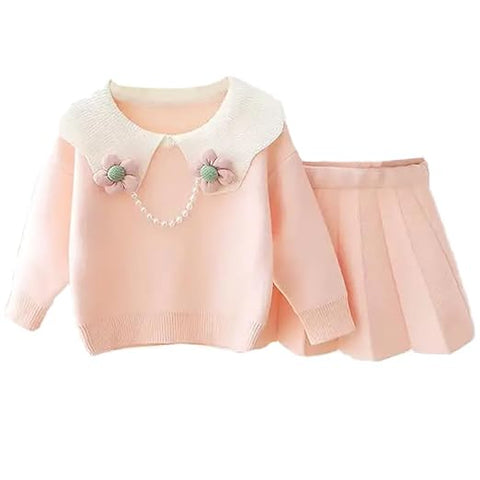 Warm Woolen Knitted Full Sleeve Cardigan Top with Detachable Brooch & Midi Skirt - Winter Party Dress for Girls