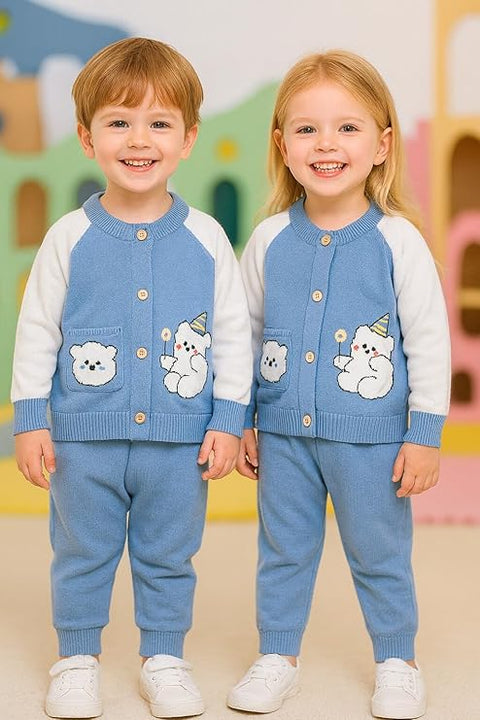 Kid's Cartoon Bear Knitted Warm Woolen Sweater Tshirt and Joggers Pant Winter Co-ord Set