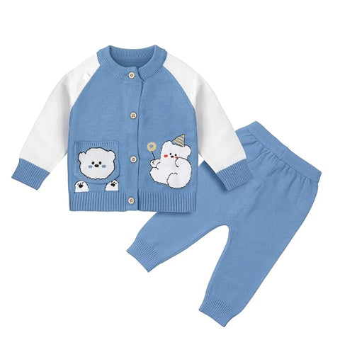 Kid's Cartoon Bear Knitted Warm Woolen Sweater Tshirt and Joggers Pant Winter Co-ord Set