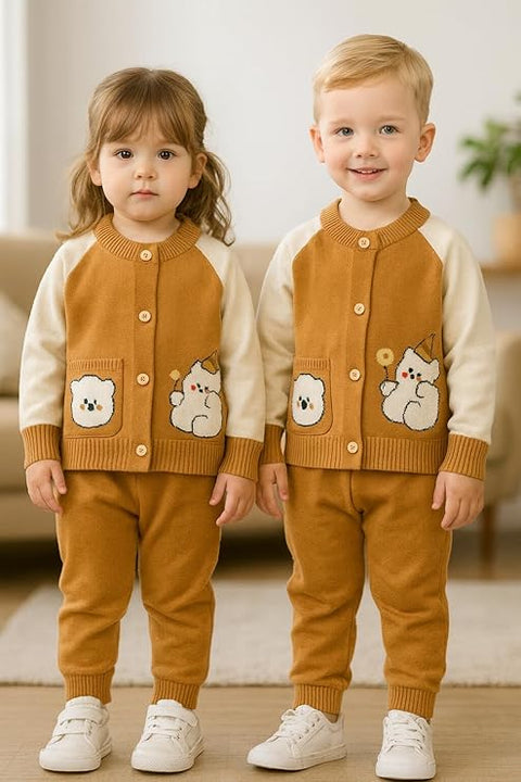 Kid's Cartoon Bear Knitted Warm Woolen Sweater Tshirt and Joggers Pant Winter Co-ord Set