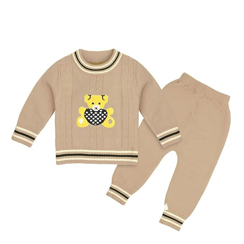 Kid's Cartoon Bear Knitted Warm Woolen Sweater Tshirt and Joggers Pant Winter Co-ord Set