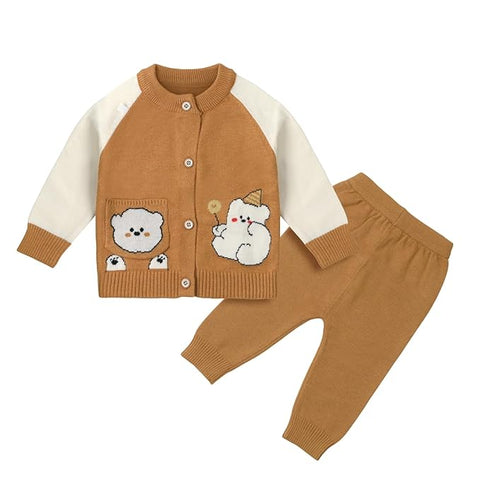 Kid's Cartoon Bear Knitted Warm Woolen Sweater Tshirt and Joggers Pant Winter Co-ord Set