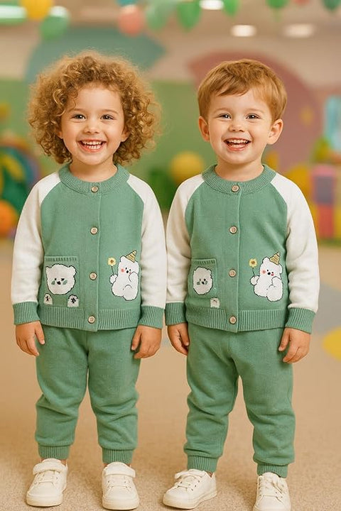 Kid's Cartoon Bear Knitted Warm Woolen Sweater Tshirt and Joggers Pant Winter Co-ord Set