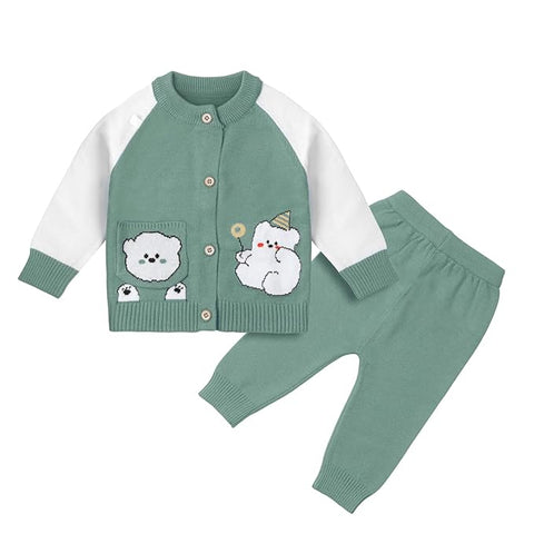 Kid's Cartoon Bear Knitted Warm Woolen Sweater Tshirt and Joggers Pant Winter Co-ord Set