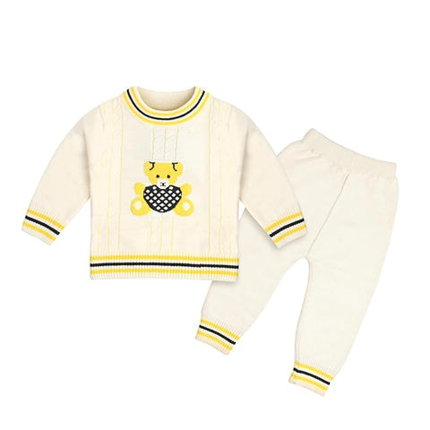 Kid's Cartoon Bear Knitted Warm Woolen Sweater Tshirt and Joggers Pant Winter Co-ord Set