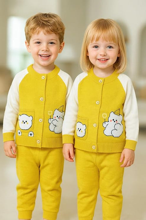 Kid's Cartoon Bear Knitted Warm Woolen Sweater Tshirt and Joggers Pant Winter Co-ord Set