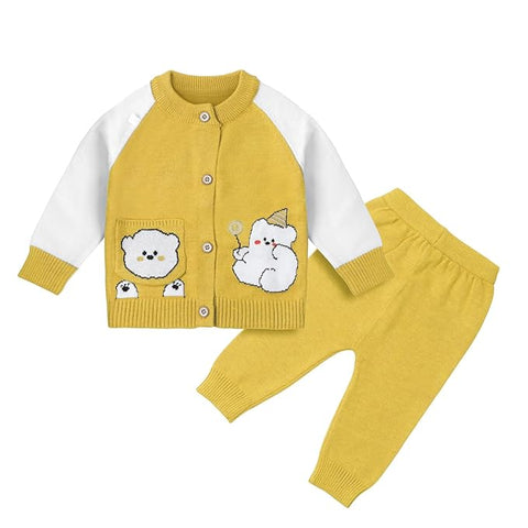 Kid's Cartoon Bear Knitted Warm Woolen Sweater Tshirt and Joggers Pant Winter Co-ord Set