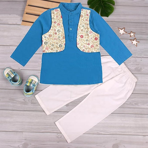 Boy's Traditional Ethnic Embroidered Jacket Attached Kurta with White Pyjama Festive Dress