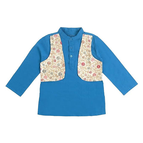 Boy's Traditional Ethnic Embroidered Jacket Attached Kurta with White Pyjama Festive Dress