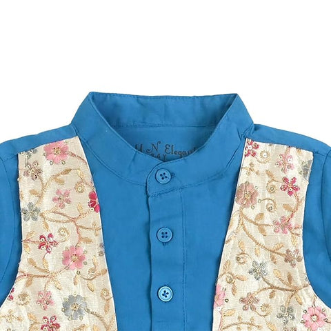 Boy's Traditional Ethnic Embroidered Jacket Attached Kurta with White Pyjama Festive Dress