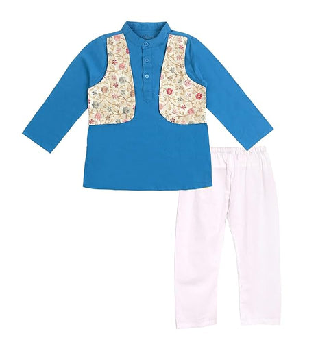 Boy's Traditional Ethnic Embroidered Jacket Attached Kurta with White Pyjama Festive Dress