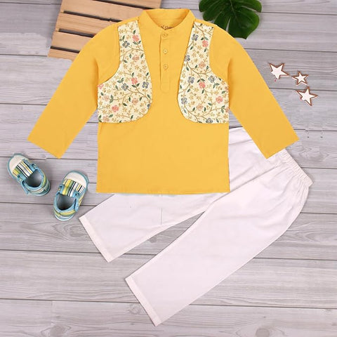 Boy's Traditional Ethnic Embroidered Jacket Attached Kurta with White Pyjama Festive Dress