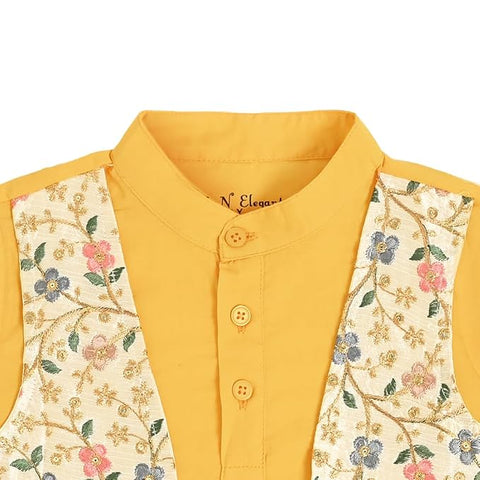 Boy's Traditional Ethnic Embroidered Jacket Attached Kurta with White Pyjama Festive Dress