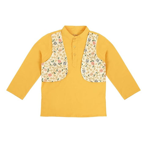 Boy's Traditional Ethnic Embroidered Jacket Attached Kurta with White Pyjama Festive Dress