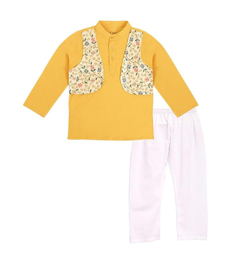 Boy's Traditional Ethnic Embroidered Jacket Attached Kurta with White Pyjama Festive Dress