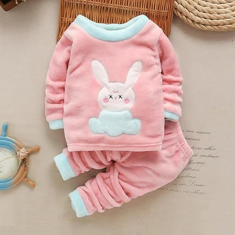 Kid's Cute Funky Bicolor Cartoon Winter Warm Fleece Sweatshirt Tshirt and Pajama Sets