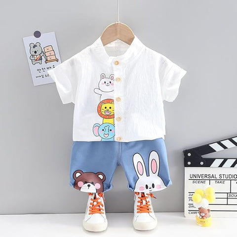 Jungle Friends Printed Short Sleeve Cotton Shirt & Denim Shorts Set for Kids