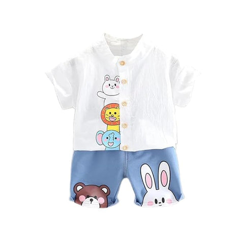 Jungle Friends Printed Short Sleeve Cotton Shirt & Denim Shorts Set for Kids