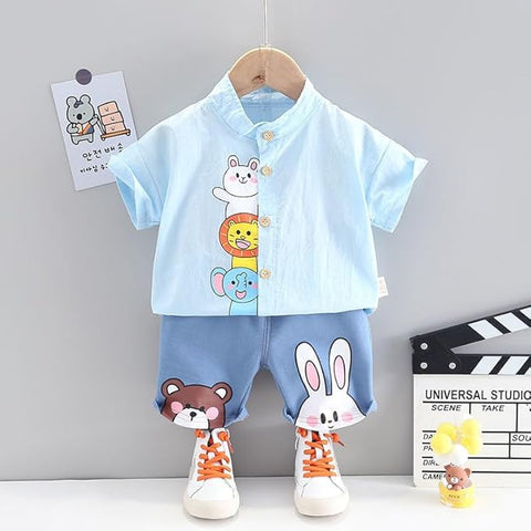 Jungle Friends Printed Short Sleeve Cotton Shirt & Denim Shorts Set for Kids